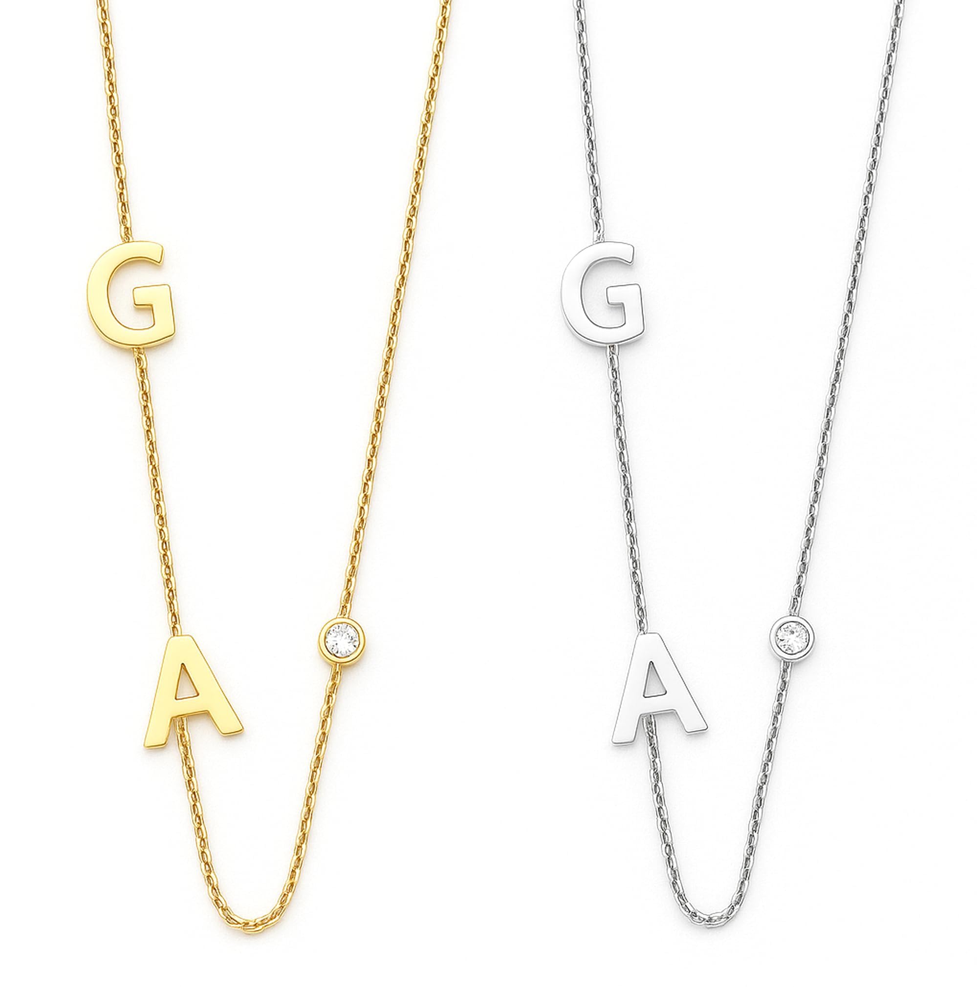 14k Sideways Initial Gold Necklace w Solitaire Diamond, Custom Multiple Letter Necklace