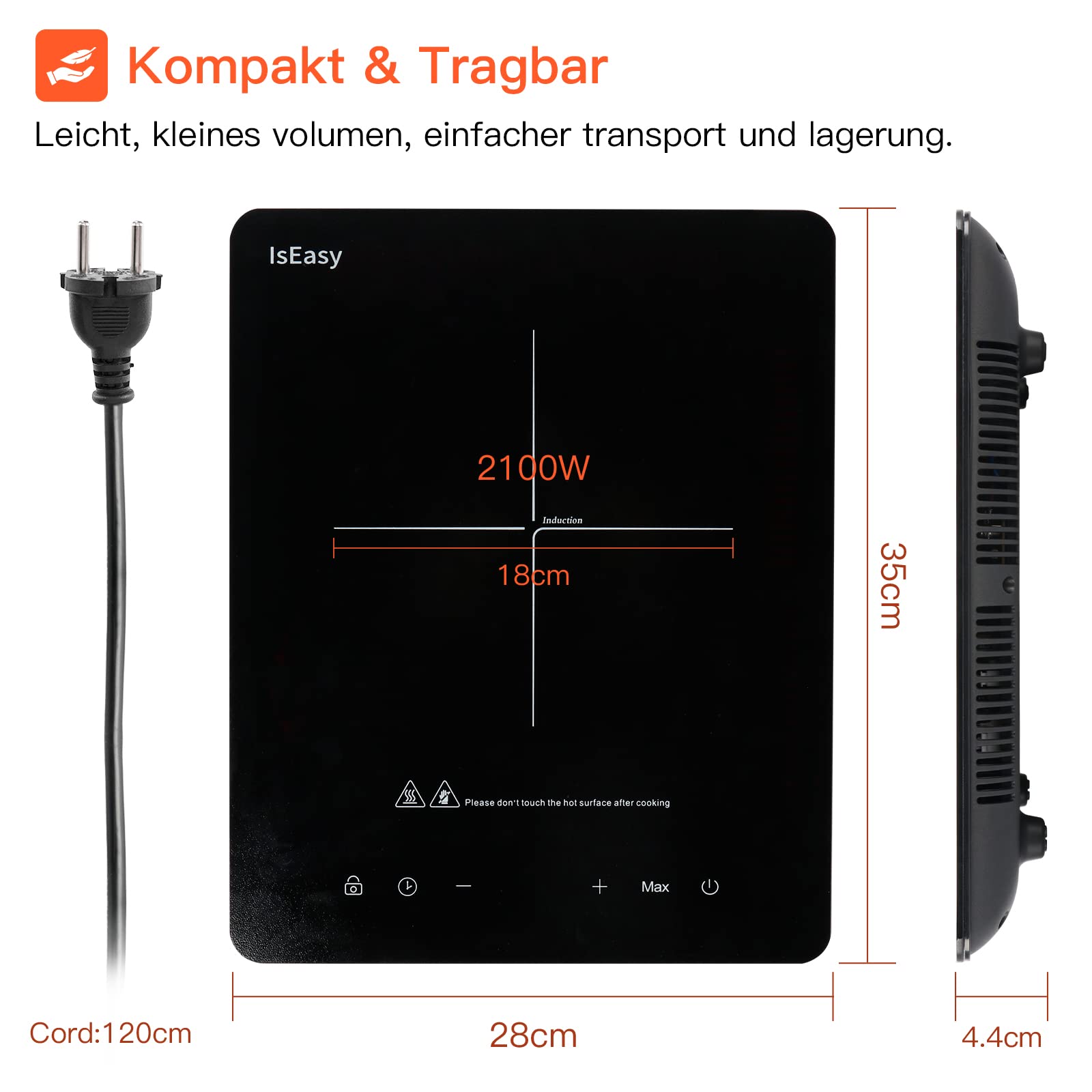 Induktionskochplatte, IsEasy Induktionskochfeld 1 Platte 2100W, 28cm Kochplatte, Tragbares, mit Stecker, 9 Heizstufen, 8-Stunden-Timer, Touch-Steuerung, Booster-Funktion, Schwarz…