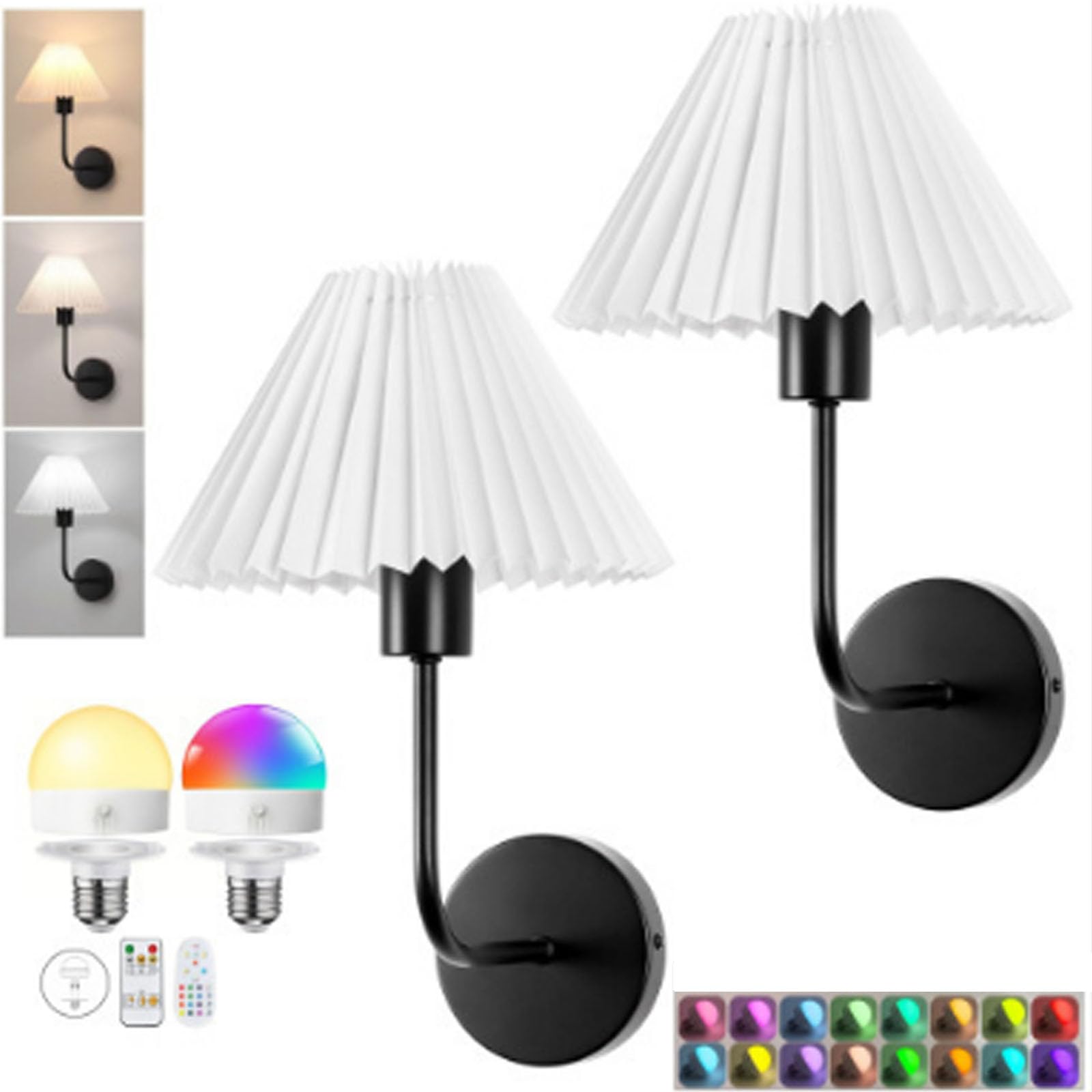 Set di 2 applique da parete, luci ricaricabili, luci a batteria, RGB dimmerabili a 15 colori, lampadine ricaricabili, lampada senza fili per interni, camera da letto, bagno, soggiorno (Dimensioni: 2