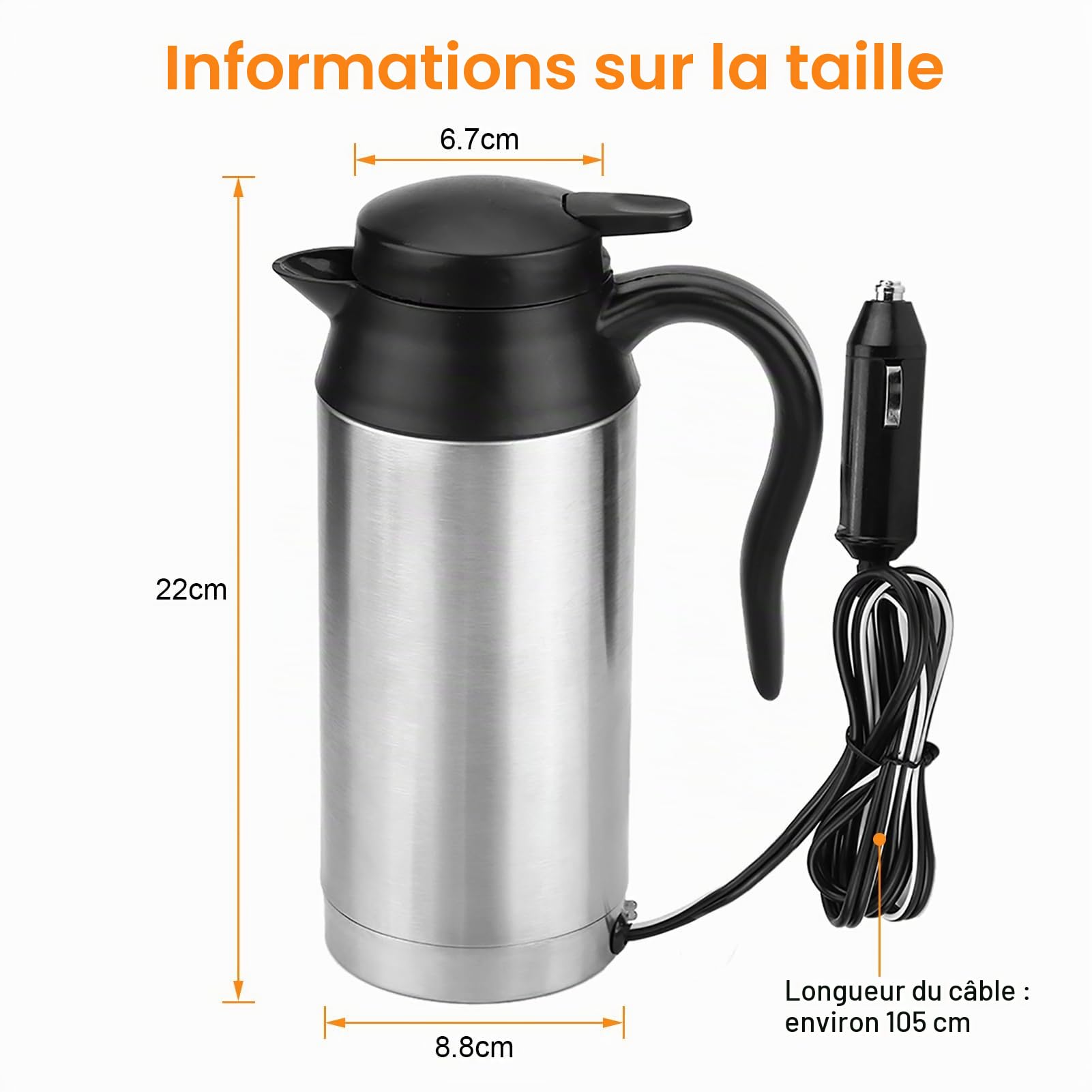 Wakects Bouilloire de Voyage 750ml pour Voiture en Acier Inoxydable, DC 12V 120W Allume Cigare Portable pour Eau Chaude, Café