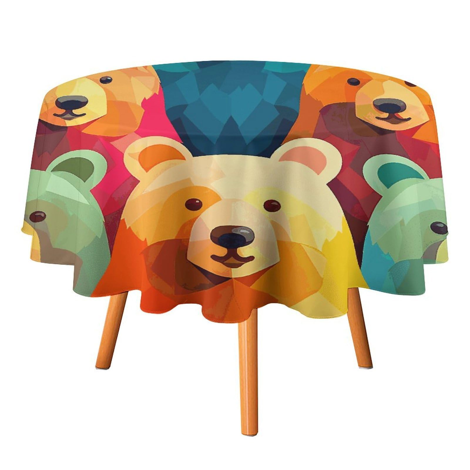 SMAZDFXX Colorful Bears Tablecloth for Restaurant, Round Polyester Table Cover 60x60in for Party