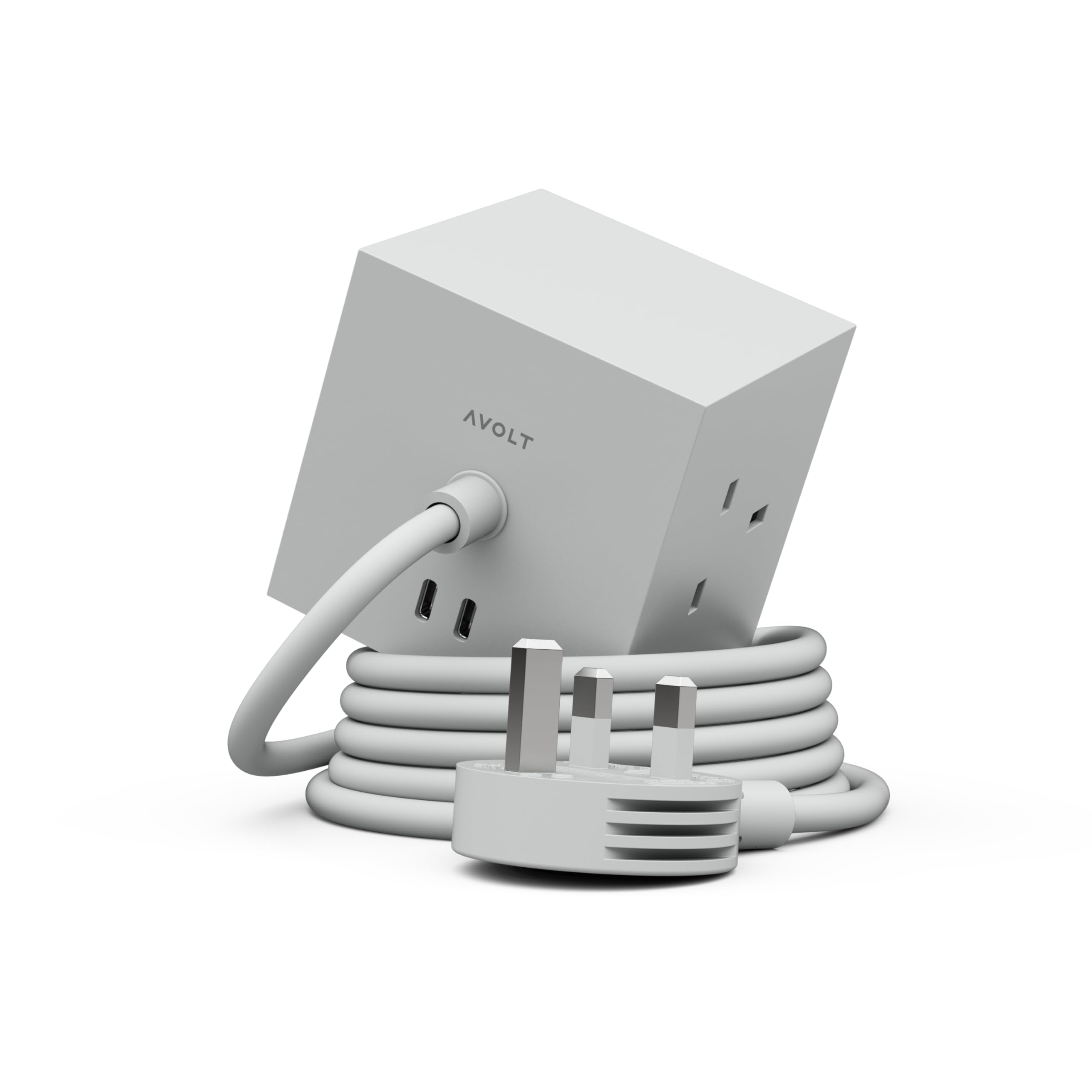 Avolt Square 1 Magnetic Extension Lead Cube with USB-C – Design Power Cube with 3 UK Sockets, 2 USB-C Ports & 1.8 m Cable – Modern Desk Extension Lead for Home, Office & Workspaces (Gotland Grey)