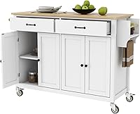 Vista 94 de LUMISOL Carrito de isla de cocina con ruedas de bloqueo con 2 cajones y 4 gabinetes, isla de cocina rodante con estantes ajustables, mesa de madera