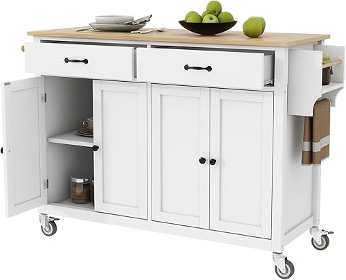 Miniatura 20 de LUMISOL Carrito de isla de cocina grande con 2 cajones, isla de cocina con ruedas con parte superior de madera maciza, isla portátil con 2 gabinetes