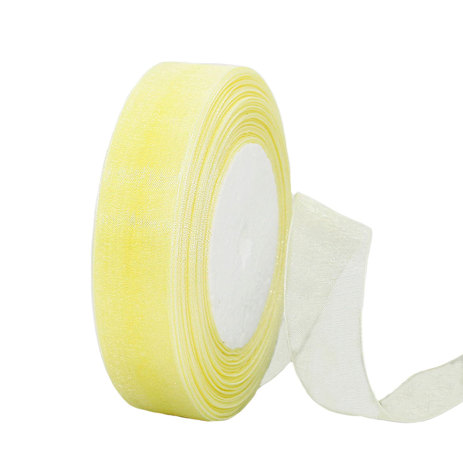Sheer Macaron Yellow Organza Chiffon Ribbon 20mm for Gift Wrapping, 45m Clear Chiffon Hair Ribbon for Birthdays, Weddings, Christmas, Crafting, Wreath Bows