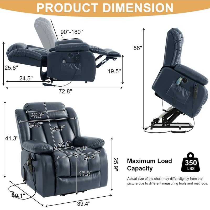 Image of Recliner Sofa 1 Seater Power Lift Recliner Chair with Lay Flat Assist Breathable Leather Dual Motor Lay Flat Power for The Elderly Color Blue