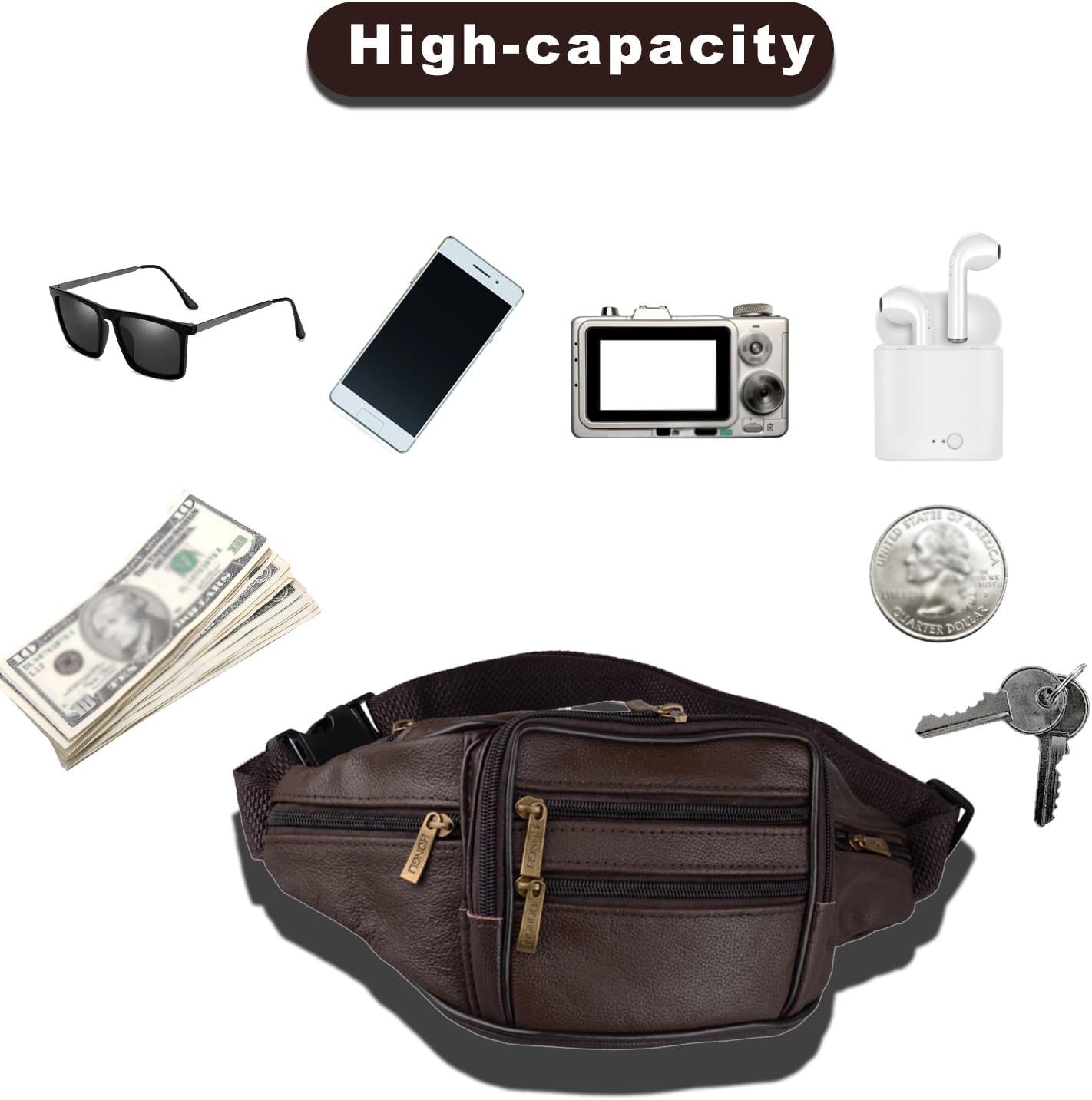 Leather Fanny Pack For Men & Women Belt Bag With Adjustable Waist Belt, Lightweight Fanny Pack Comes With Multiple Zippered Pockets Easy Carry Any Phone,Wallet (brown) - Image 3