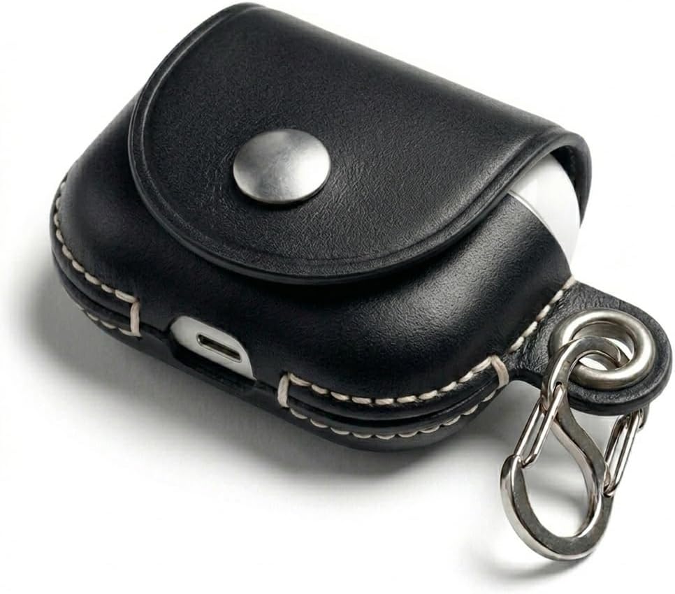 VogDUO Genuine Leather AirPods Pro 3 Case - Handcrafted Protective Holder Anti-Lost S-biner Carabiner Hook, Compatible with Apple AirPods Pro 2/3 (Black)
