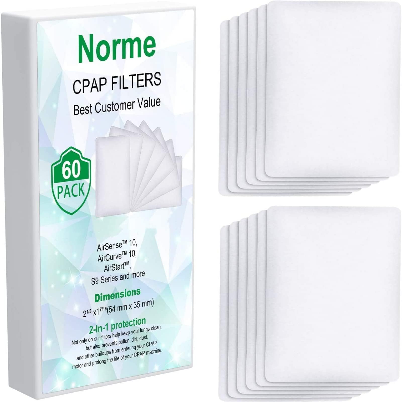 Norme Air Filter, 60 Pack Disposable, Ultrafine Spinning Fiber Cotton, For Most Resmed CPAP Standard Machines, AirRun, AirStart, One Year Supply