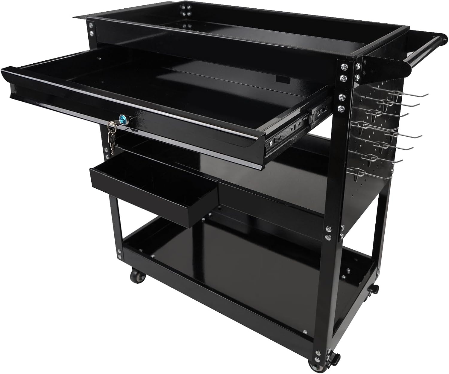 BHB 3 Tier Rolling Tool Cart Box On Wheels with Lockable Drawer, Heavy Duty Capability Tool Cart for Mechanics, Large Storage Organizer Utility Cart, for Garage Warehouse Repair Shop, 350 Lbs Load