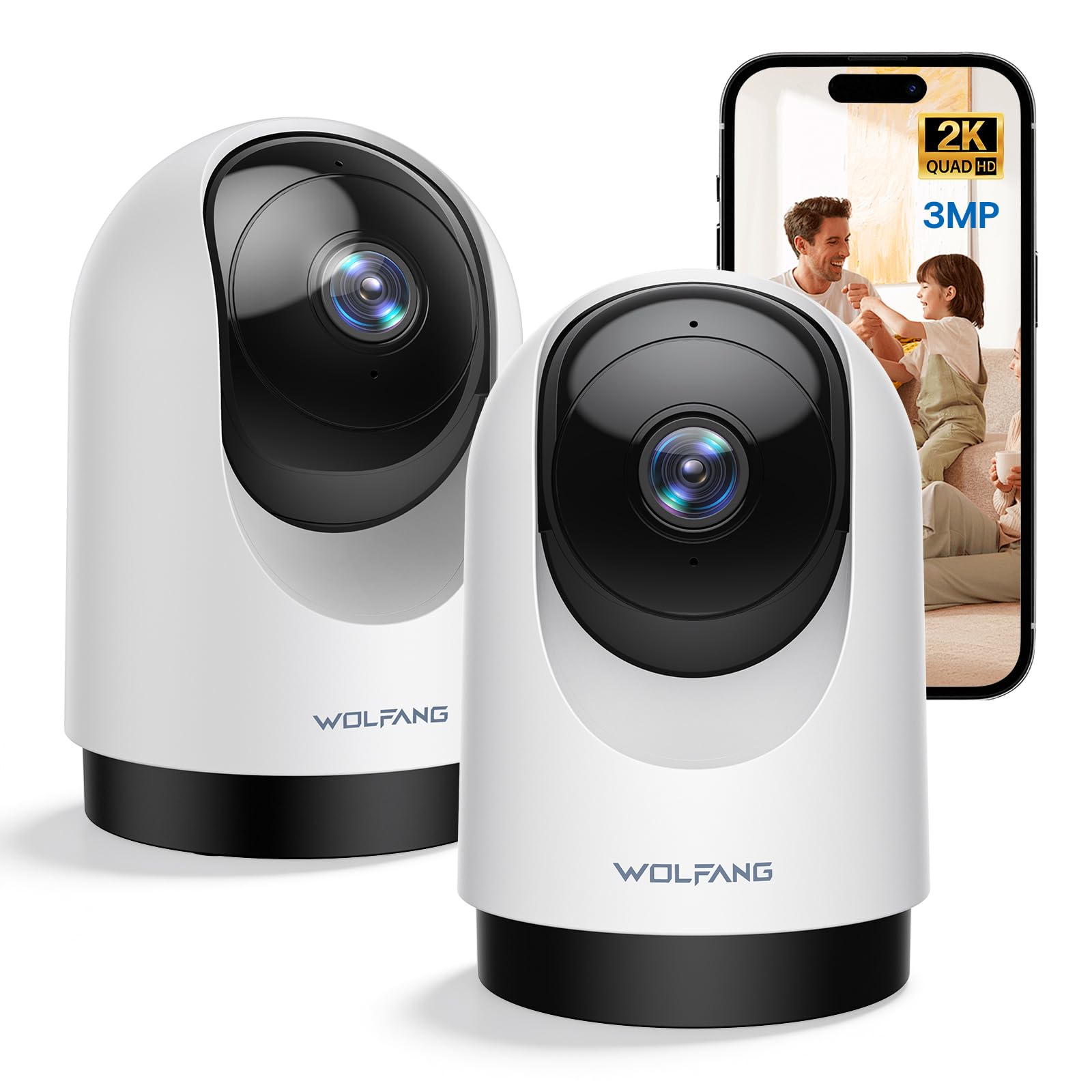 WOLFANG WS03 Cámara de Vigilancia WiFi Interior 2K 3MP(2Pcs), PTZ 360°, Seguimiento Automático IA, Audio Bidireccional, Visión Nocturna, Cámara para Bebés Mascotas Familia, Conexión 2,4GHz