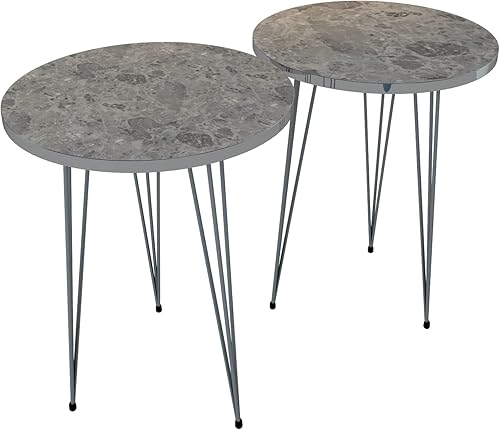 Miniatura 83 de PAK HOME - Juego de 2 mesas auxiliares - Mesas auxiliares redondas de madera con aspecto de mármol blanco para espacios pequeños, mesita de noche