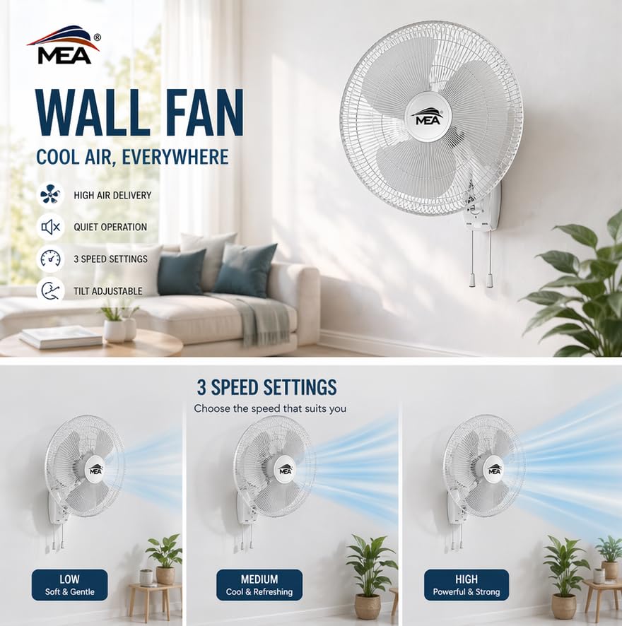 Image of MEA 16 Inch Wall Fan 400 mm Air Circulator for Home Office Shop | Wall Mount Cooling Fan with Oscillation | Powerful Air Throw, Multiple Speed Control | Durable Guard Design | Energy Efficient Motor