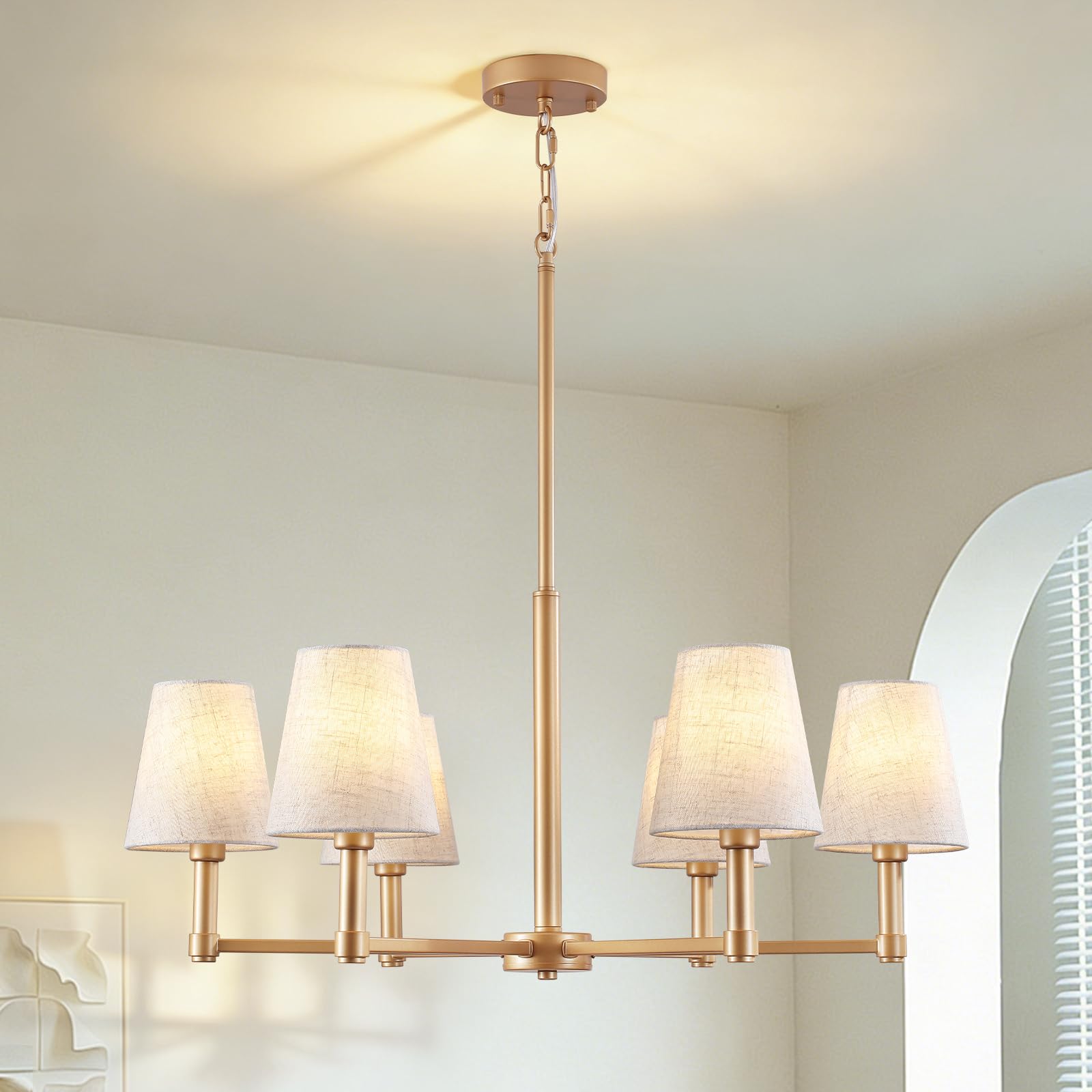 Photo 1 of 6-Light Gold Chandelier for Dining Room Light Fixture 29.9" Modern Farmhouse Chandeliers with Linen Shade Industrial Hanging Pendant Light for Kitchen Island Foyer Entryway Living Room Bedroom, E12