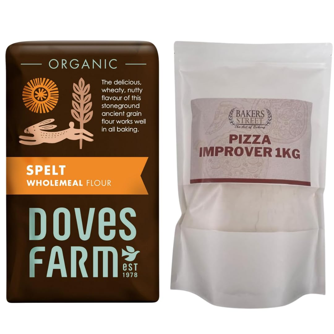 Doves Farm Spelt Wholemeal Flour 1Kg & Bakers Street Pizza Improver 1Kg - Stoneground Ancient Grain for Baking - High Protein Pizza Base Enhancer with Enzymes - Kosher