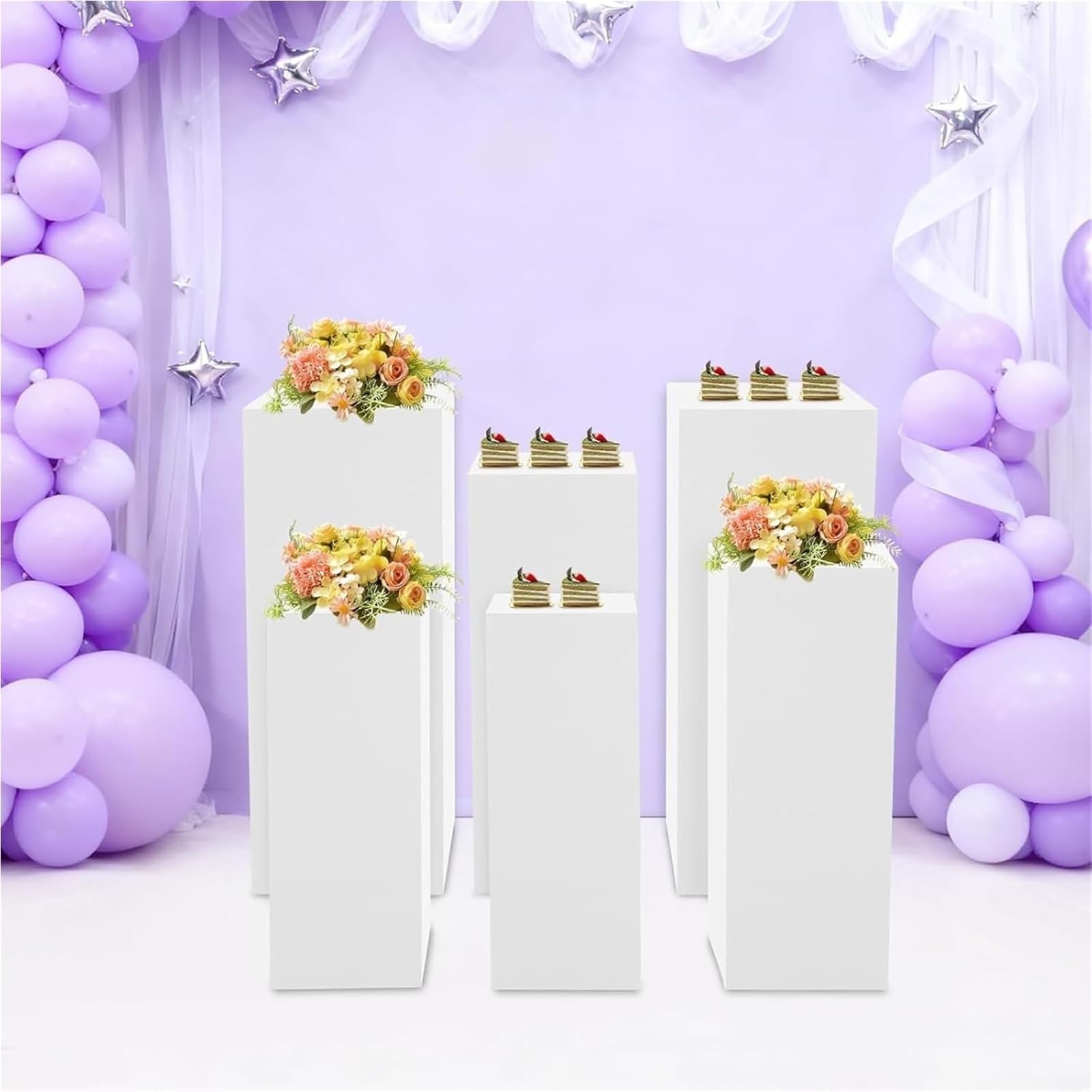 Metall-Ständer für Ausstellung, quadratisch, für Kuchen, Dessert-Tischsäulen, Party, Hochzeitsdekoration, Skulpturen-Display-Säule, 5 Stück