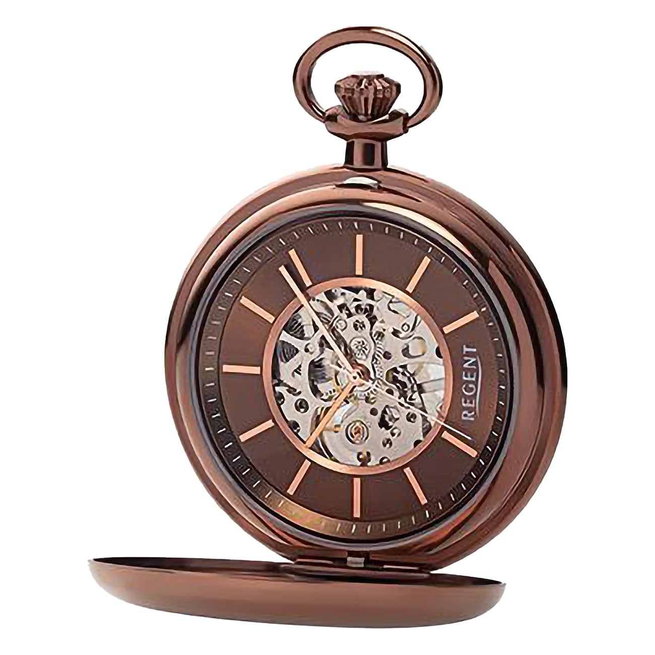 REGENT Herren Taschenuhr mit mechanischem Handaufzugswerk Glasboden mit Sicht auf das Skelett Uhrwerk mit Edelstahl Klappdeckel