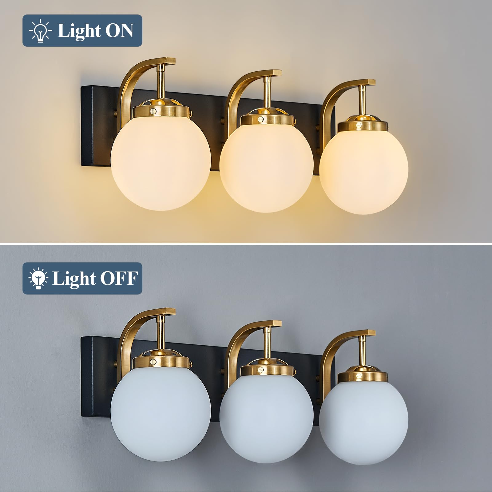 FDPBY 3-Light Gold Bathroom Vanity Light – Mid-Century Modern Wall Sconce, Milky Glass Shades, E12 Base, 18" Wide, Mount Up Or Down