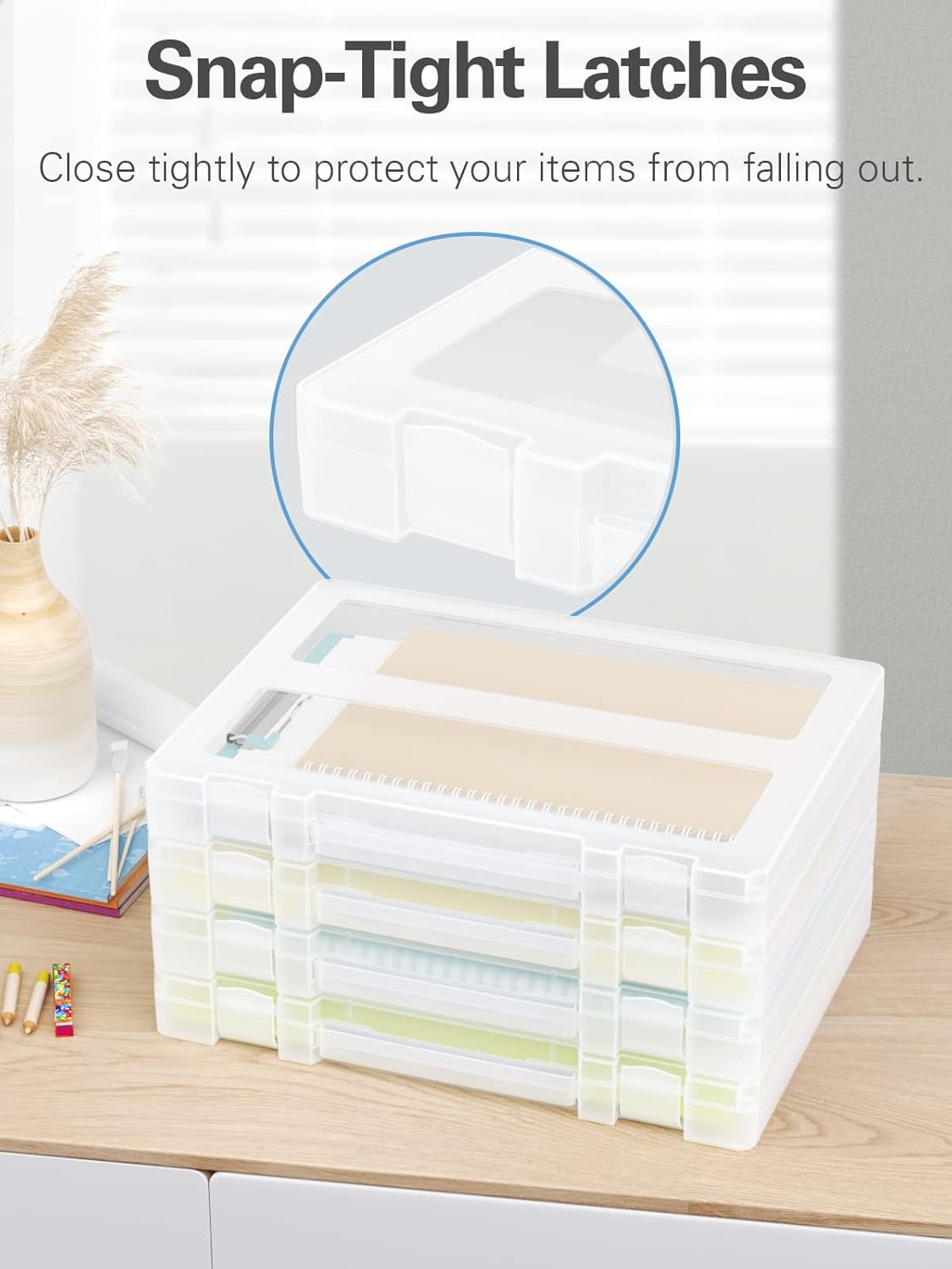 Denkee Large Paper Storage Box, 4 Pack Plastic Scrapbook Paper Storage Organizer with Handle for A4, 8.5 x 11 US Letter, Portable File Document Case, Board Game Storage - Image 3