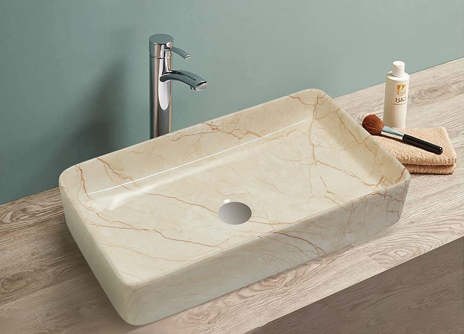 REMANENCE Ceramic Table Top Bathroom Sink | Countertop Vessel Sink | Wash Basin Over Counter For Bathroom, Hotel, Living Room (24 x 14 x 4 Inch) (Cream Wash Basin) (B0BM9T9KGD) Amazon Price History, Amazon Price Tracker