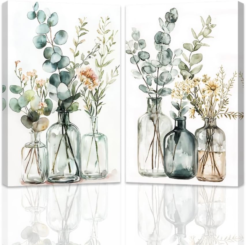 ZQQART Eucalyptus Sage Pictures for Bathroom Set 2 Green Botanical Wall Art Wildflower Leaves Canvas Painting Living Room Decor Framed(White,11.00"x14.00"x2P)