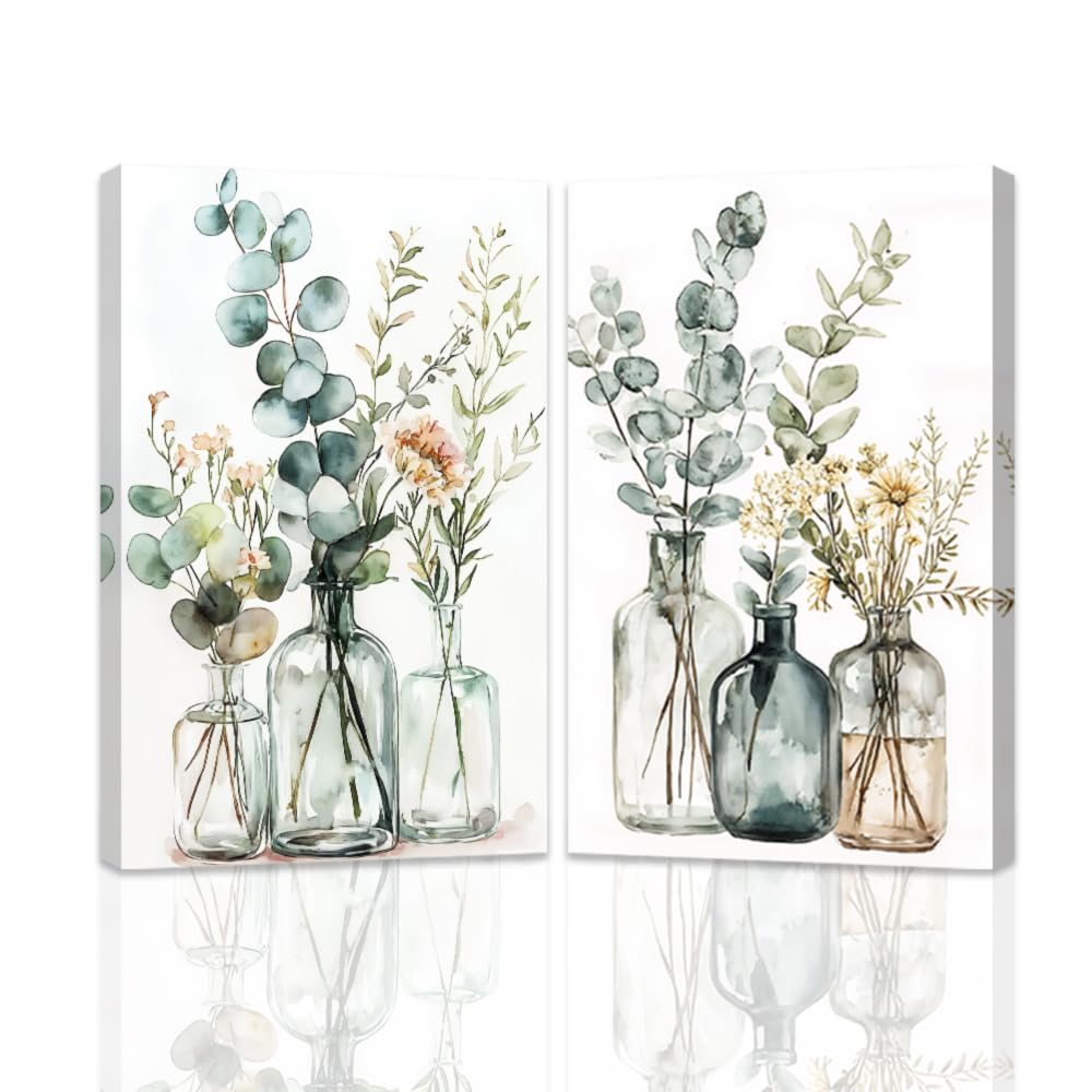 ZQQART Eucalyptus Sage Pictures for Bathroom Set 2 Green Botanical Wall Art Wildflower Leaves Canvas Painting Living Room Decor Framed(White,20.00"x30.00"x2P)