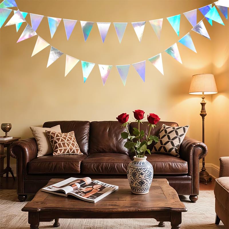 Image of Iridescent Hanging Triangle Flag Pennant Garland Iridescent Hanging Paper Pennant Streamer Paper Triangle Flag Bunting Banner for Graduation Wedding Engagement Birthday Party Decor 30 Feet
