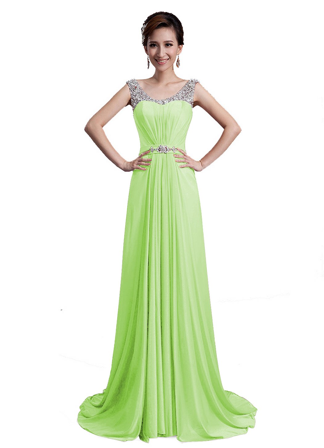 Scoop Neck Sweep Train Beaded Chiffon Prom Dress