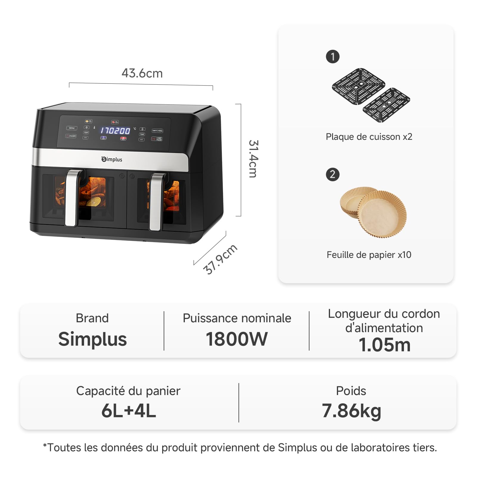 SIMPLUS Friteuse à Air Double Panier 10L, 1800W, Écran Tactile LCD, 11 Programmes, Fenêtre Visible, Four à Air Chaud avec Micro-Vapeur, Noir
