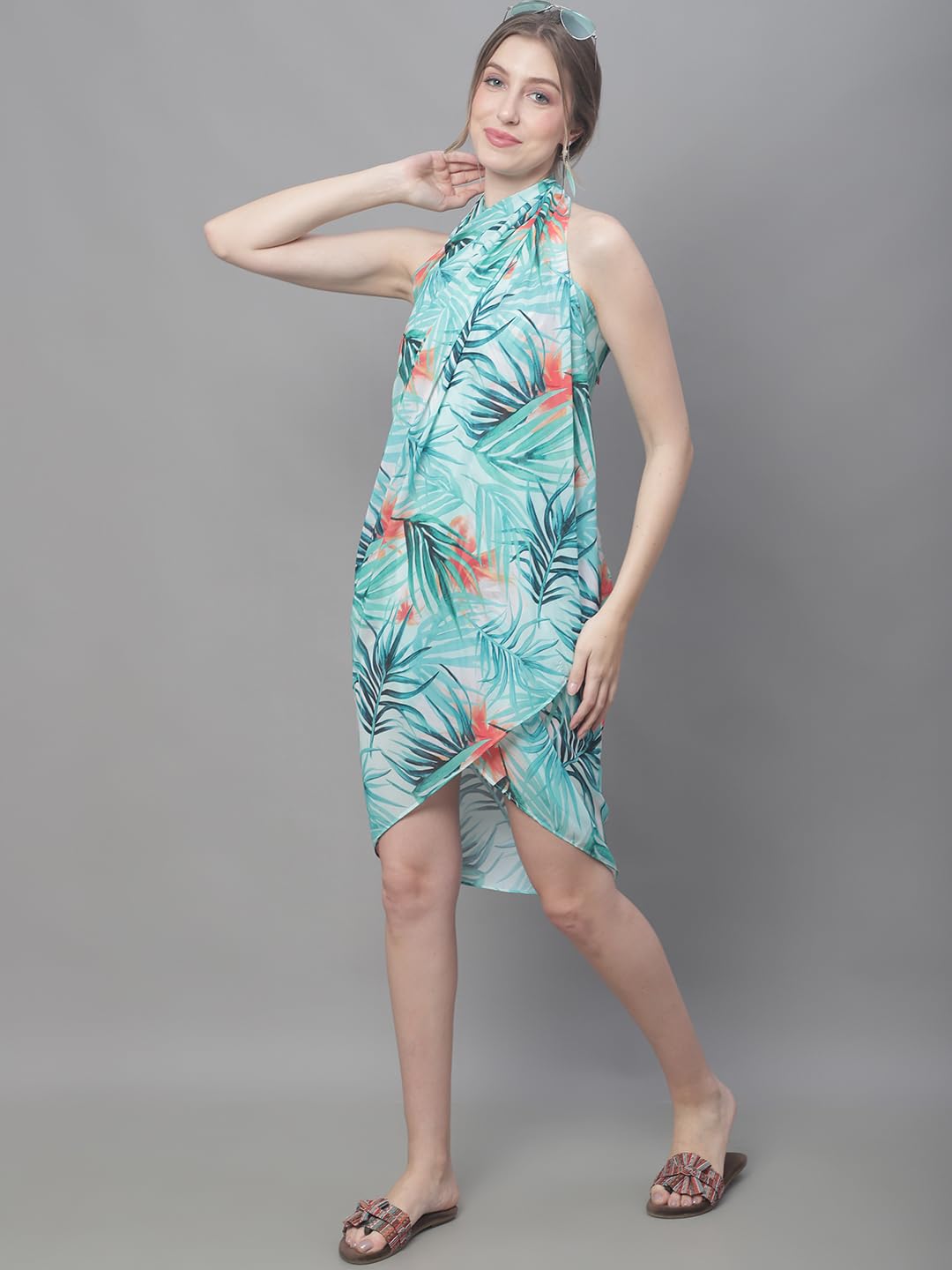 Claura Green & Orange Tropical Printed Swimwear Sarong 1