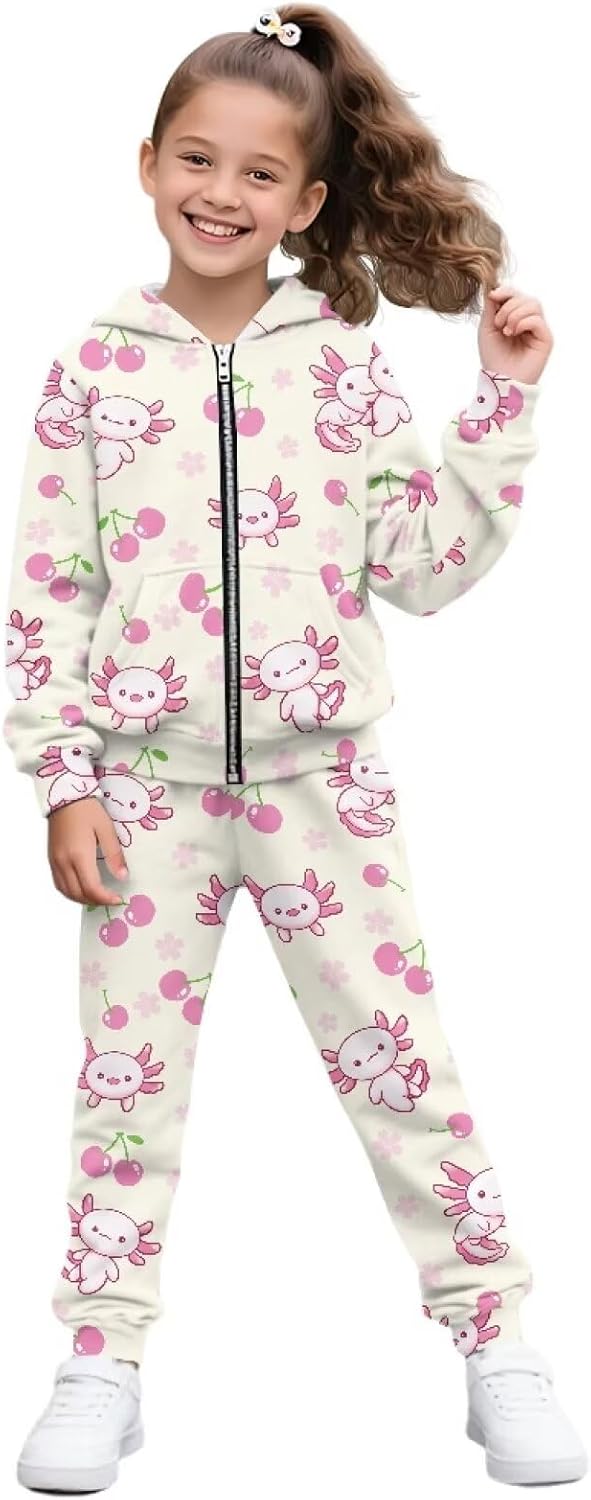3D Printed Kids Zippered Sportswear Suit with Pocket Jogger Sets Top and Pant 2PCS for Girls Daily Wear 6-15T