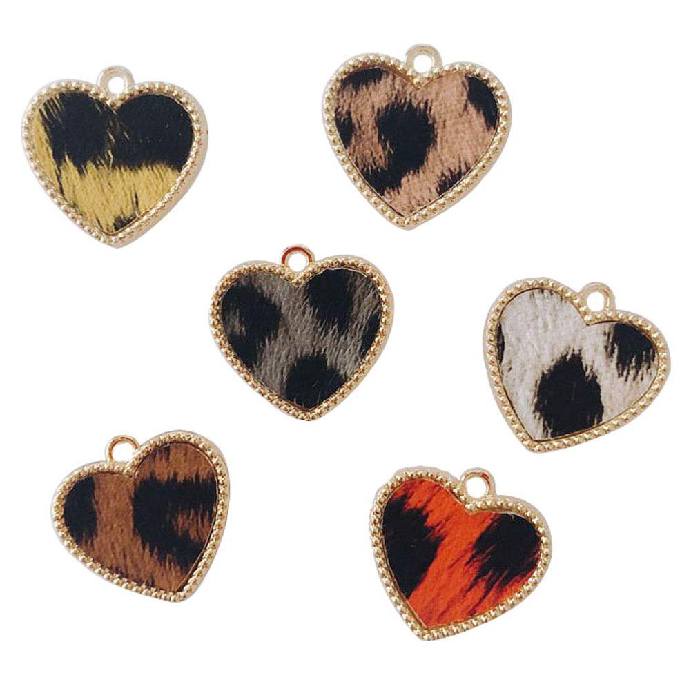 12 Pcs Mixed Color Leopard Leather Heart Charms Pendant Earring Necklace Sweater Chain Keychain Zipper Bag Decoration DIY Making Jewelry Alloy Accessories for Women Gift