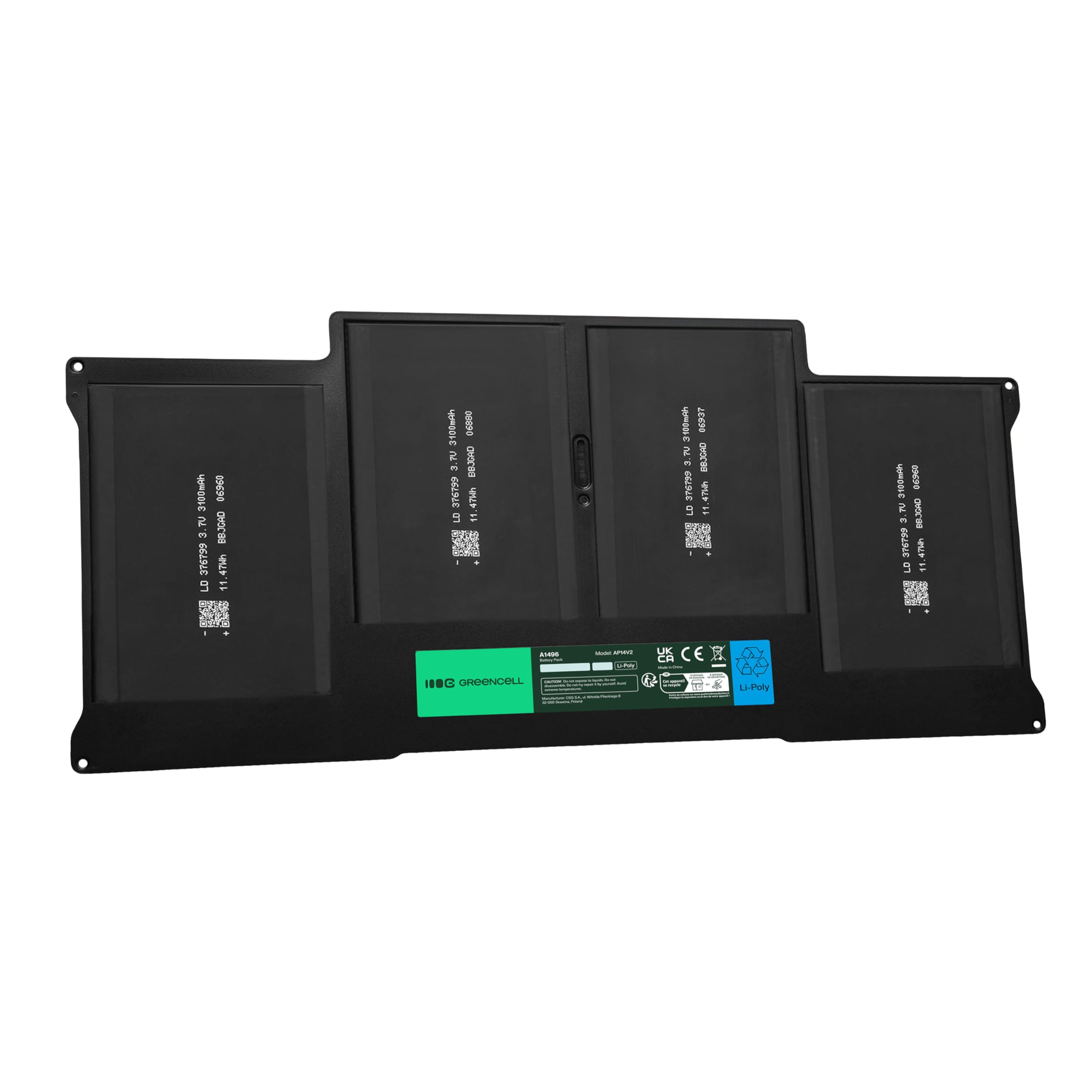 Green Cell Bateria do laptopa Apple MacBook Air 13 A1369 A1466 (2010, 2011, 2012, 2013, 2014, 2015, 2017) (47 Wh, 7.4-7.6 V, Kolor Czarny) A1377 A1405 A1496