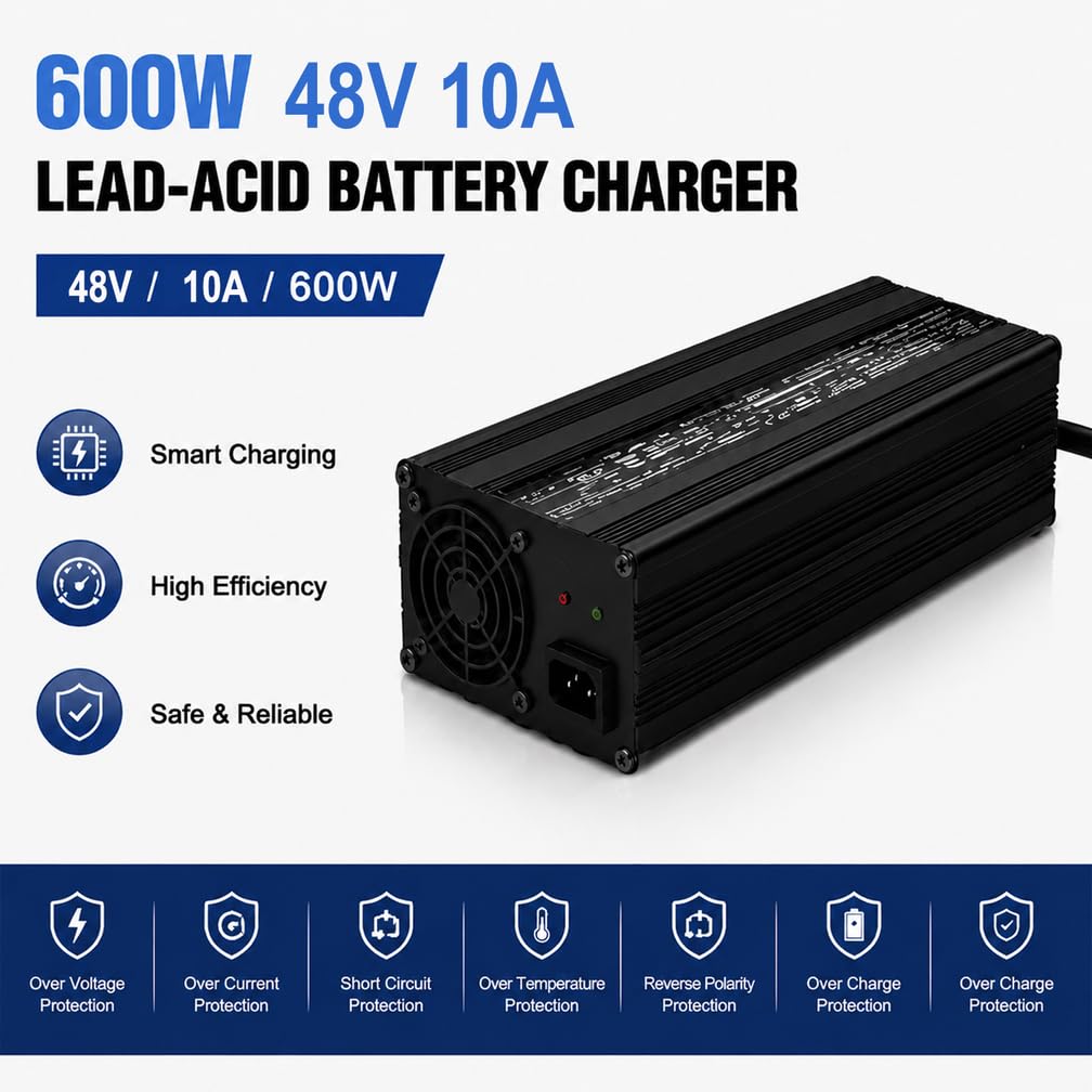 Ładowarka akumulatorów do wózków widłowych 48 V 10 A | Ładowarka akumulatorów kwasowo-ołowiowych 600 W, z wieloma opcjami złącza, do wózków widłowych, paletowych, nożycowych