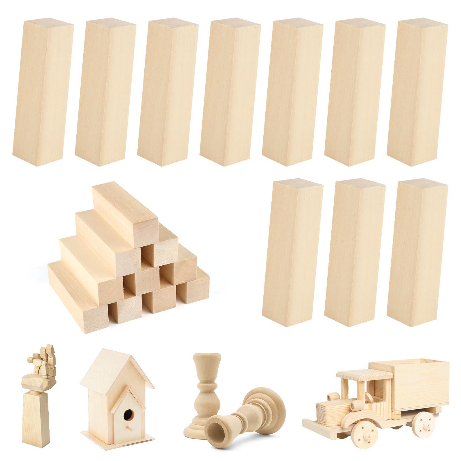 14 stuks houtsnijhout, lindehout, 10 x 2,5 x 2,5 cm, lindehout om te