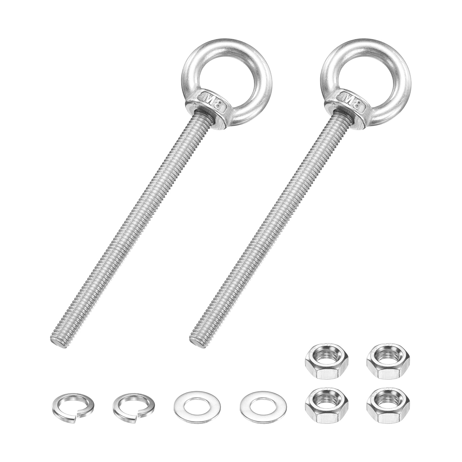 PATIKIL M8 x 100mm Eye Bolt, 2 Pcs 304 Stainless Steel Thread Lifting Ring Set Shoulder Eyebolt with Lock Nuts Flat Washers for Hanging Hammocks Articles, Silver