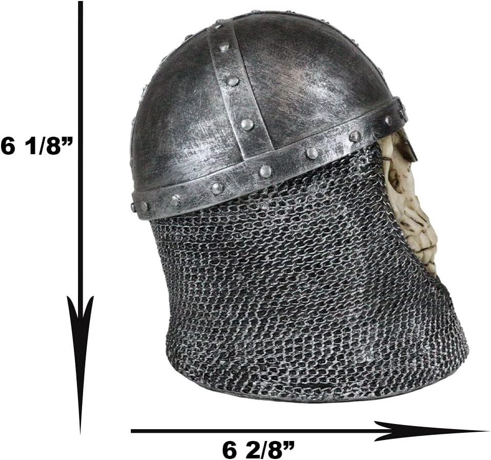 Ebros Medieval Knight Skull with Helmet and Head Coif Statue 6" Long As Renaissance Old World Age of Kings Macabre Decor Skeleton Cranium for Halloween Day of The Dead Gothic Figurine Sculpture