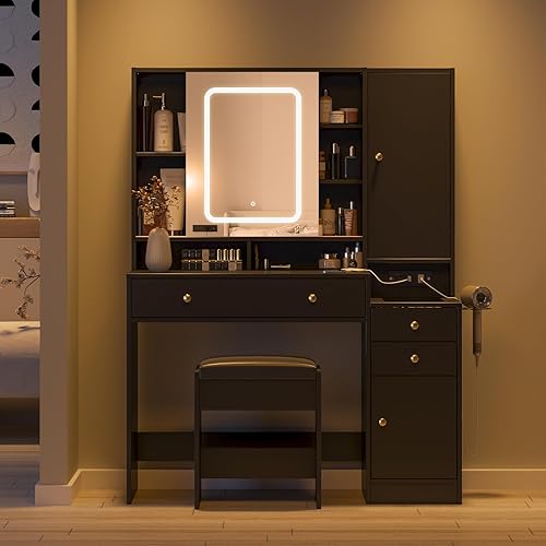 Miniatura 6 de J3L195 - Escritorio de tocador con espejo y luces, mesa de tocador de maquillaje con luces y estación de carga y puerta corredera, tocador superior