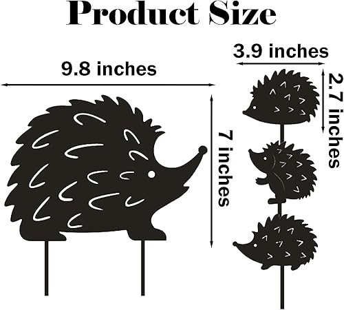 Miniatura 2 de Paquete de 4 estatuas decorativas de jardín de erizo, silueta de erizo de metal, estacas de jardín, patio ideal, decoración de césped, decoración de