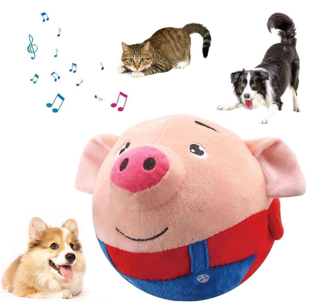 Active Moving Pet Plush Toy, 2024 New Squeaky Moving Dog Ball Toy Interactive Dog Puppy Toys Washable Cartoon Pig Plush Sound Electronic Dog Toy Shake Bounce Boredom Talking Toys for Pets (Blue Pig)