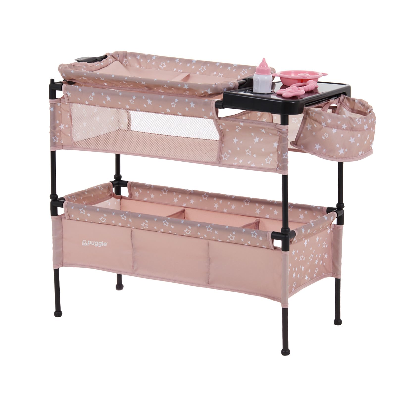 Puggle 3-In-1 Dolls Cot, Changing & Feeding Station - Scattered Stars Pink