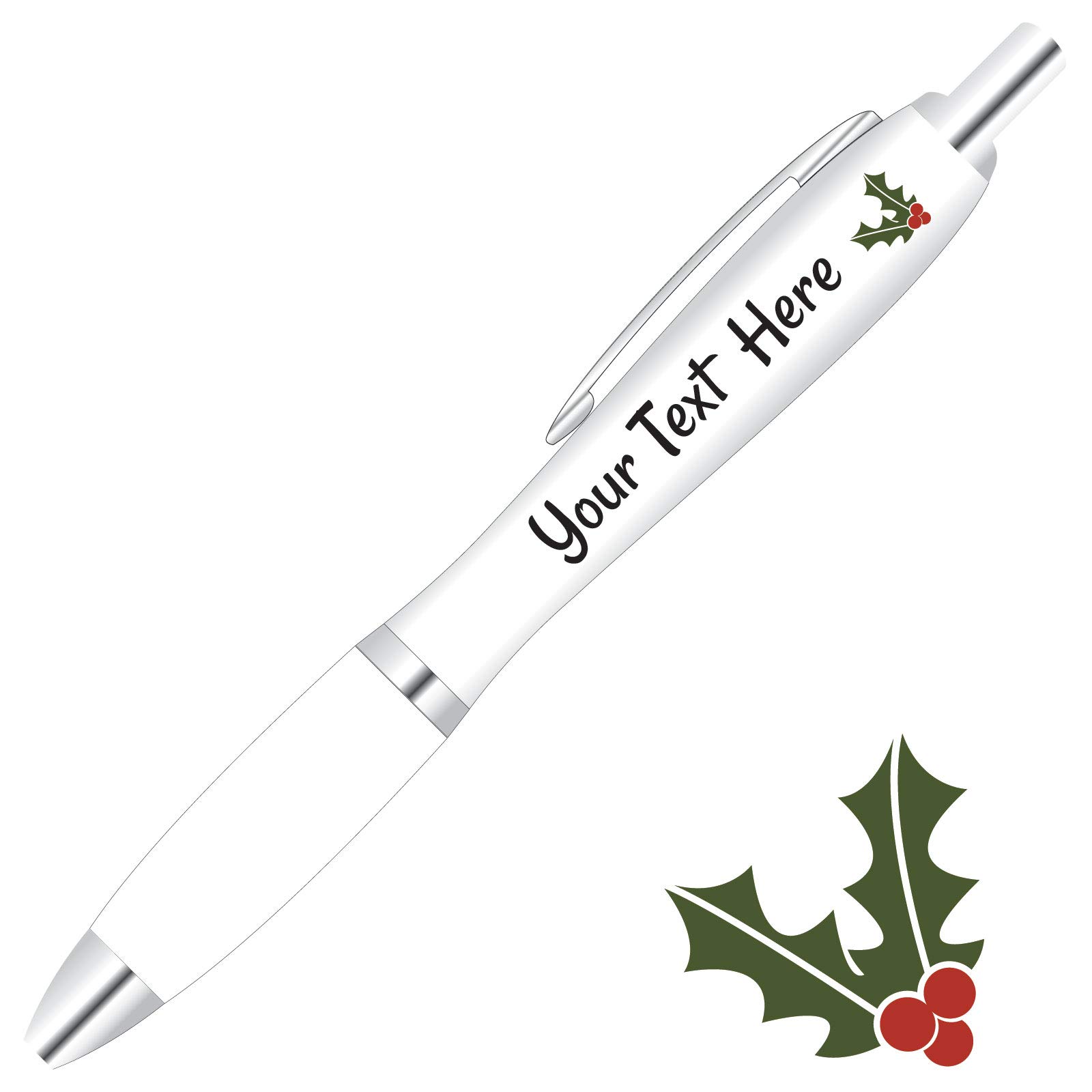 Full Colour Printed Personalised Christmas Pens *Qty - 60* - Clear Pen Grips *Holly Design*