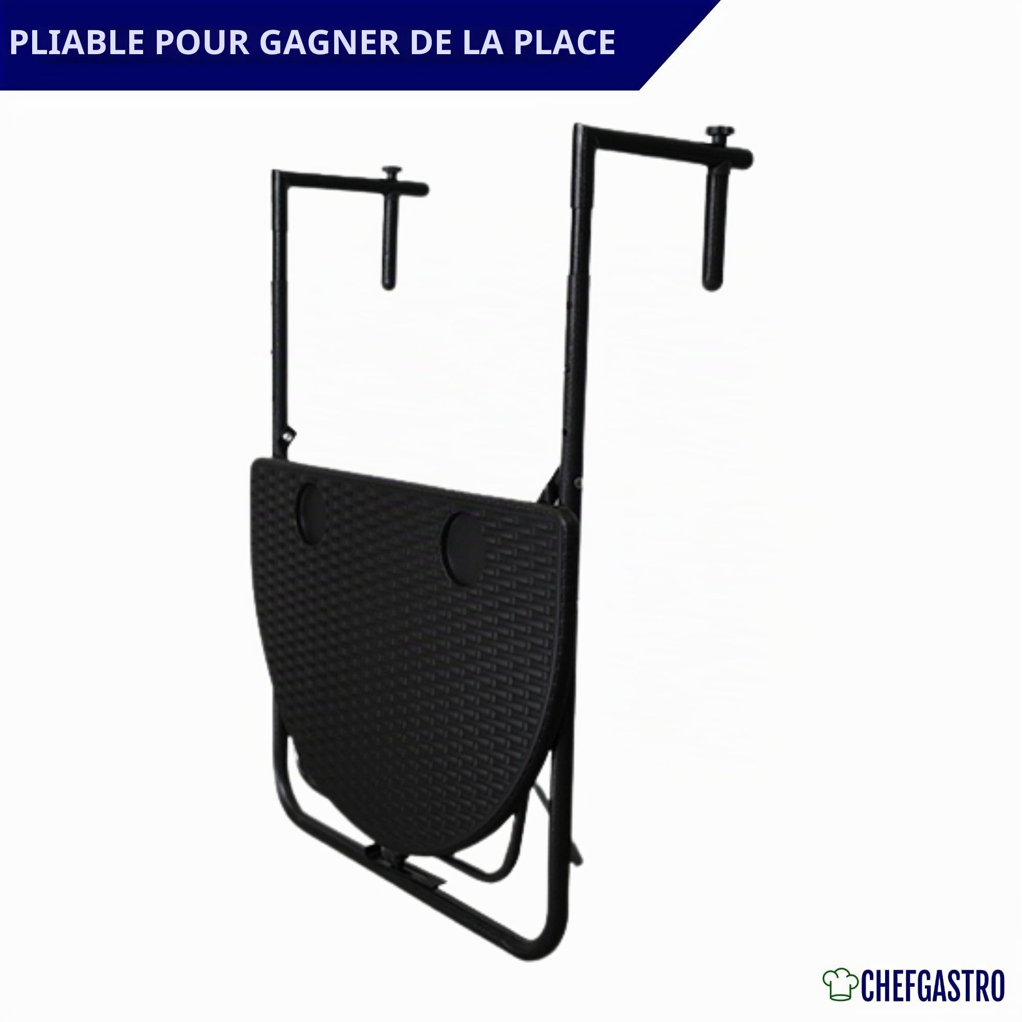 CHEFGASTRO Table Suspendue pour Balcon, Pliable | LxP 60x40 cm | 3 Niveaux de réglage en Hauteur | résistante aux intempéries | Aspect rotin, Noir