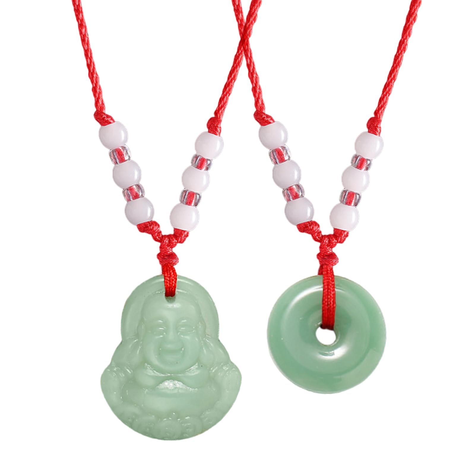 FORUBUS Green Jade Buddha Circle Red String Pendant Necklace - Chinese Traditional Amulet for Luck and Protection
