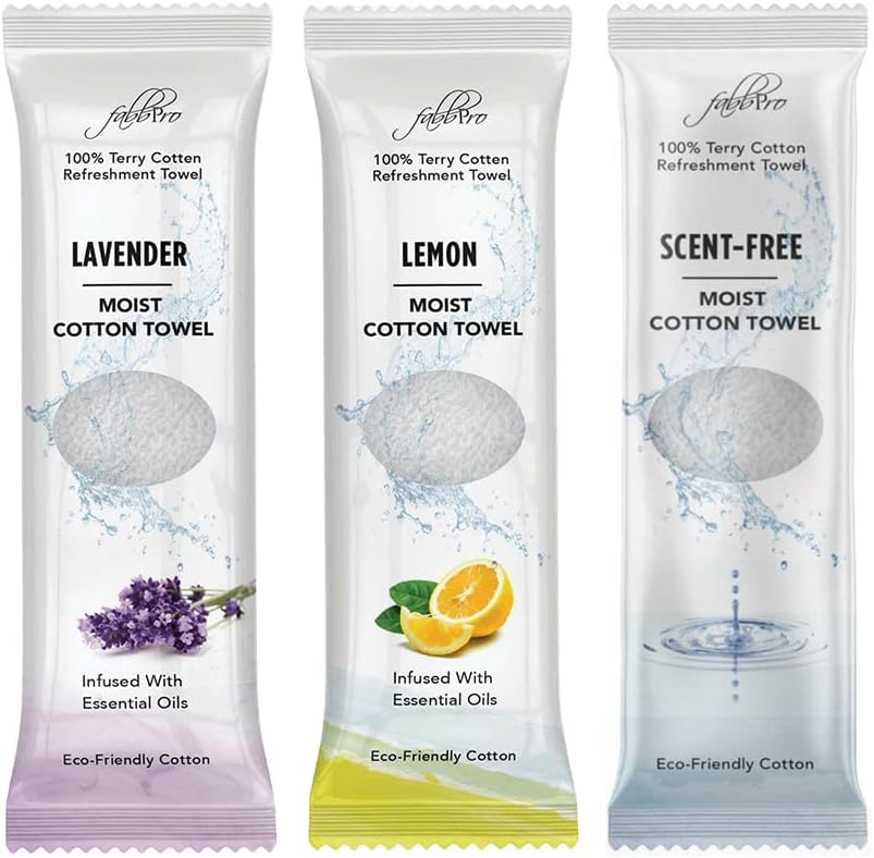 Oshibori Moist Terry Cotton Refreshment Towels (75 Pack, 8 x 8 Inches) - White Pre-moistened 100% Cotton Towel to Use Hot or Cold – Unscented, Lemon & Lavender Scent – Bundle of 25 each