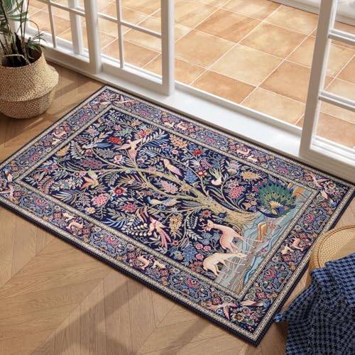 Rugcomf Small Area Rug 2x3 Door Mat Washable Tree of Life-Patterned, Blue