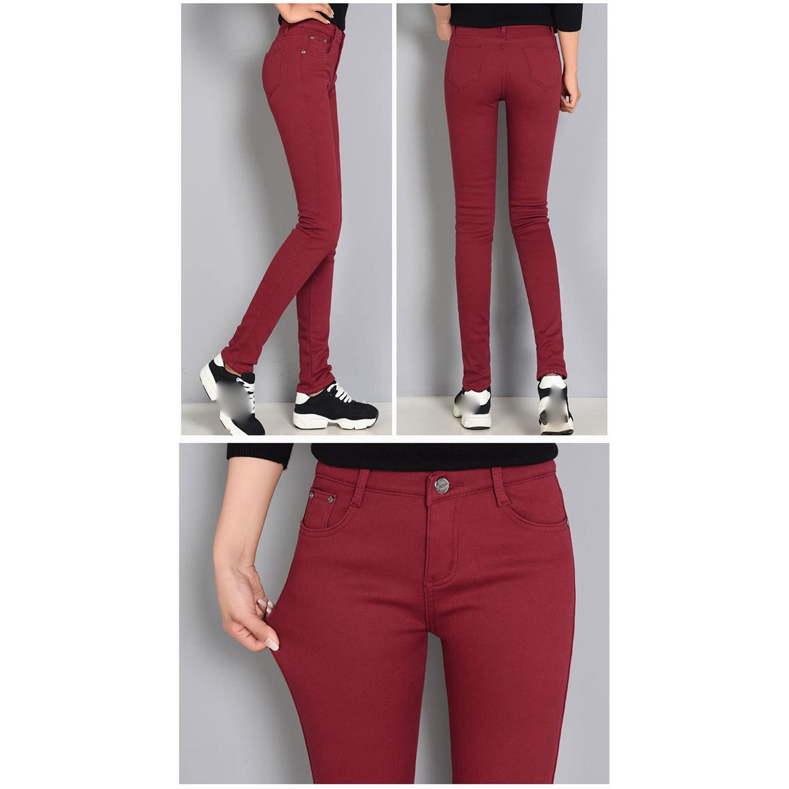Maiyifu-GJ Women's Winter Warm Fleece Lined Jeans Slim Fit Thermal Pencil Denim Pants Skinny High Waisted Tapered Jean (Red Wine,34)
