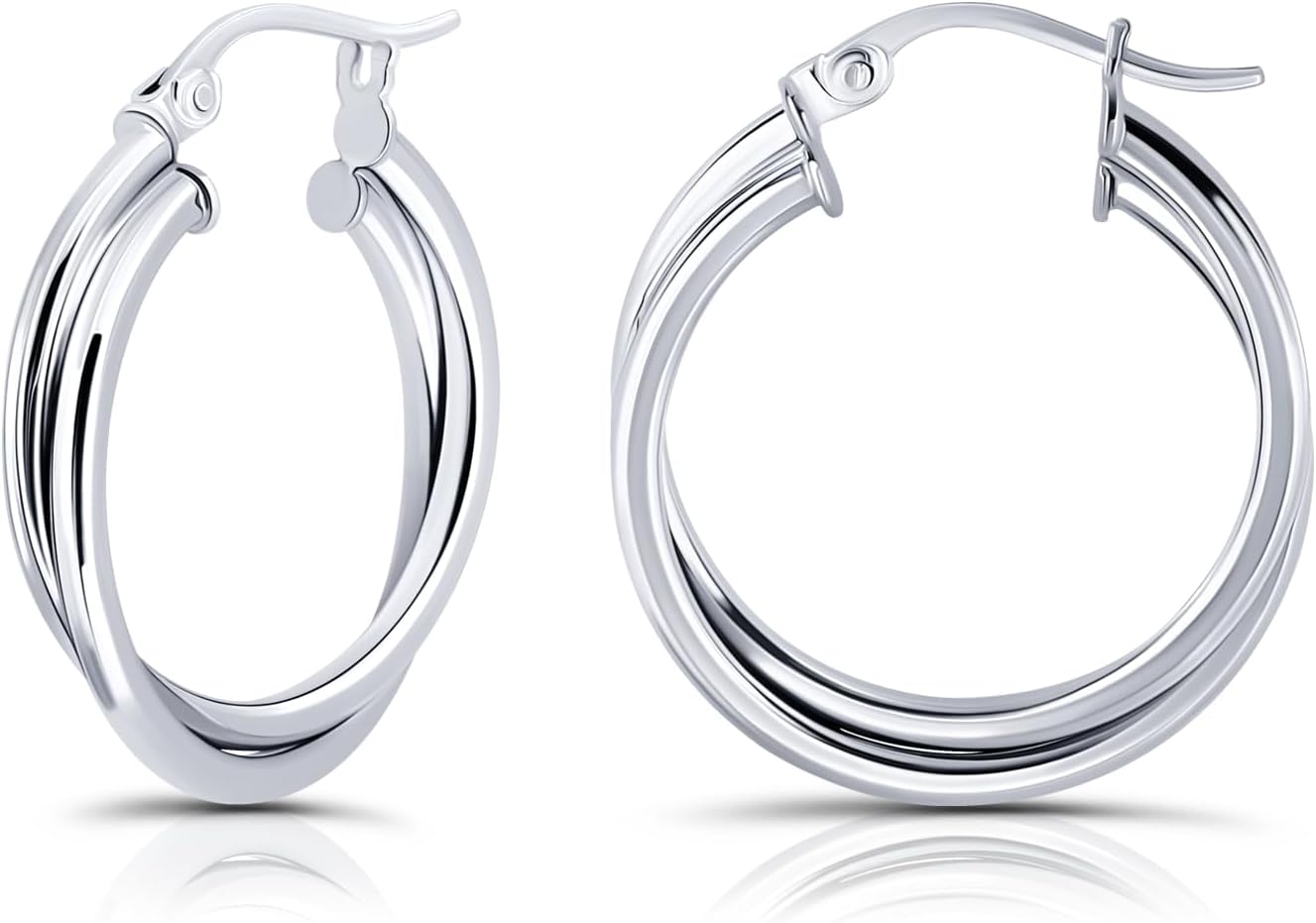 Hoops & Loops 925 Sterling Silver Intertwined Round Hoop Earrings for Women, Two-Tone Layered Trendy Double Square-Tube Hypoallergenic Click-Top Hoops, 20mm, 25mm, 35mm Silver, 14k Yellow Gold, Rose Gold, Black Flash Plated