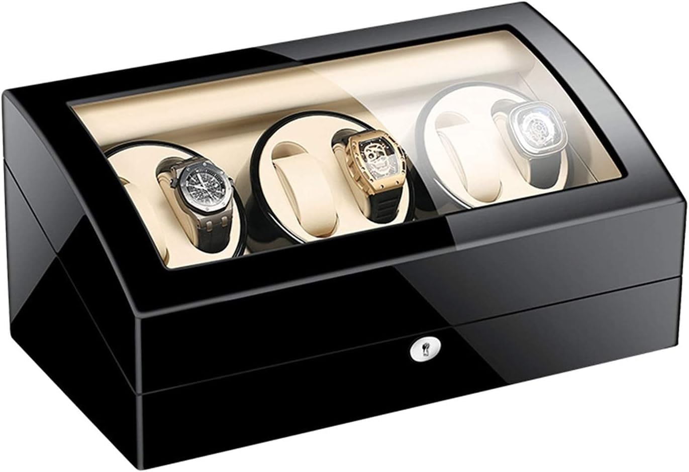 Pudełko na 6 Zegarków Automatycznych i 7 Schowków, Rotomat na 13 Zegarków | Z Lakierem Fortepianowym, Watch Winder z Niebieskim LED, Luksusowa Szkatułka Męska(Black+White)
