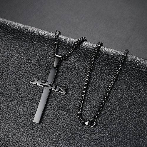 REVEMCN Stainless Steel Jesus Cross Pendant Necklace for Men Women 20-24 Inches Rolo Chain Christian Gifts for Men Faith3